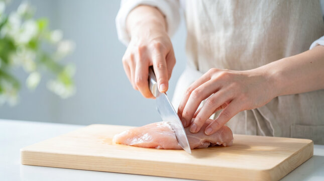キッチンで包丁を使い鶏肉を切る女性の手元 まな板の上で食材を調理する主婦