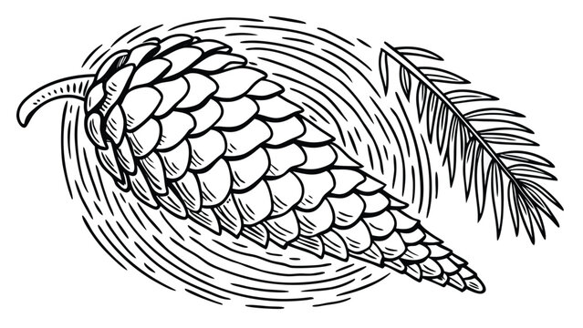 Vector illustration of a detailed pine cone with a needle branch in a classic vintage engraving style
