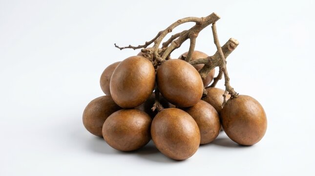 A cluster of fresh matoa fruits featuring smooth oval brown skins displayed in a wide composition, showcasing the natural textures and organic beauty of these unique exotic tropical food items.