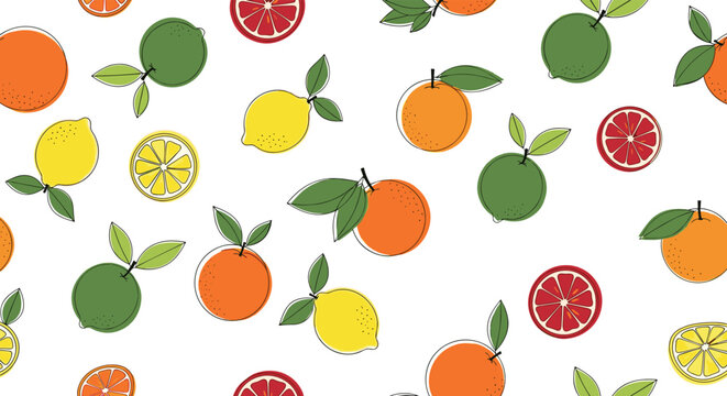Seamless pattern with various citrus fruits including orange lemon lime and grapefruit for refreshing textile designs.