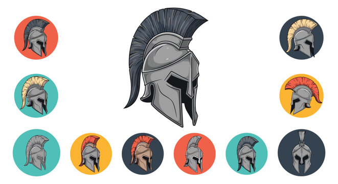 Spartan warrior helmets in different styles and colors arranged around a central larger helmet for historical design.