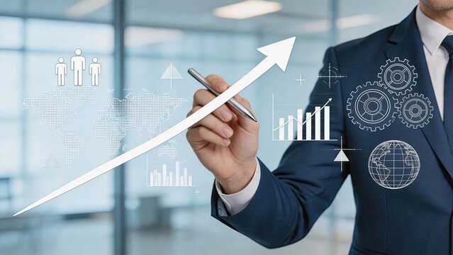 Businessman drawing upward growth arrow graph charts on transparent screen, financial analysis data visualization, corporate strategy planning meeting presentation, professional