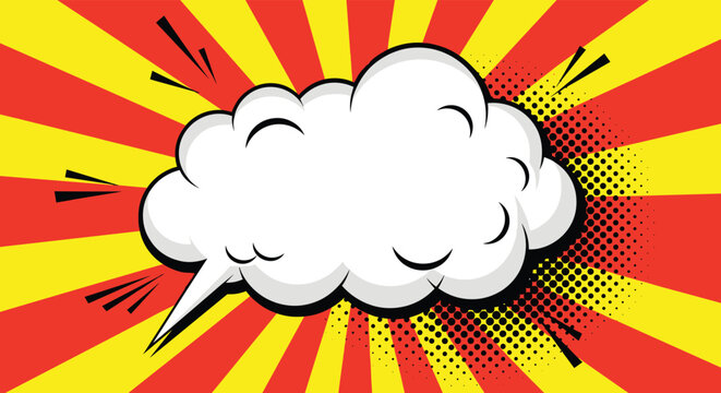 Pop art comic speech bubble with a large white cloud on a vibrant red and yellow sunburst background with halftone dots.