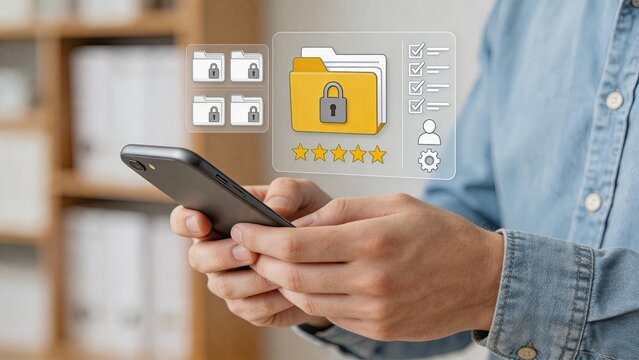 Person holding smartphone with floating icons of locked folders and security checklist, illustrating mobile data protection, cloud storage safety, and privacy management concepts.