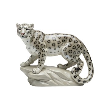 Porcelain snow leopard figurine standing on rock representing wild mountain cat animal sculpture