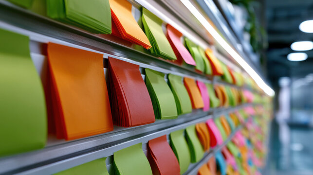 Colorful sticky note wall office brainstorming creative workspace planning organization productivity agile workflow teamwork modern interior focus depth
