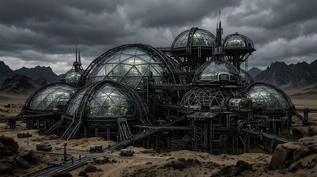 Futuristic sci-fi dome city structure in desolate landscape