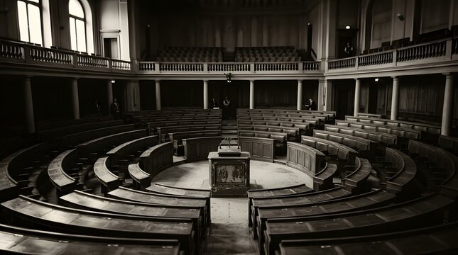 Grand historic legislative chamber interior with curved seating