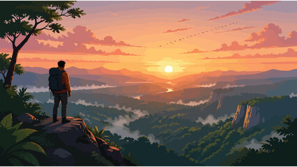 Adventurous Hiker Watching Sunrise Over Misty Mountain Valley - Travel & Outdoor Activity Stock Photo © berkot ravot