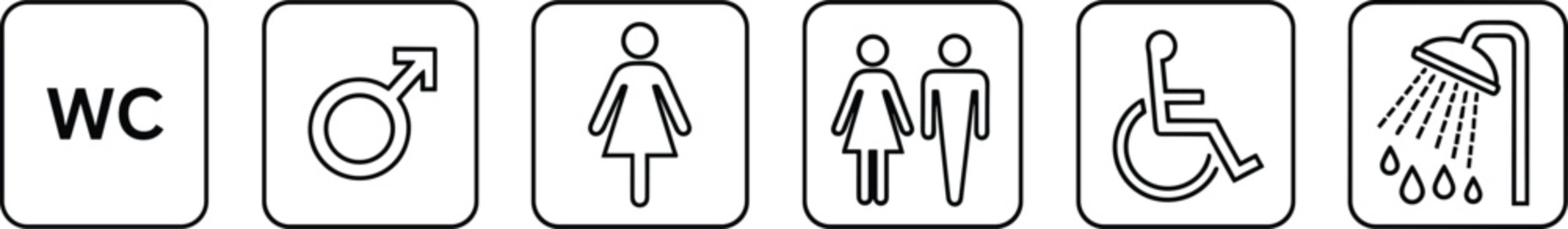 Public restroom icons set, WC toilet signs, male female symbols, wheelchair accessible bathroom, shower sign, black and white vector