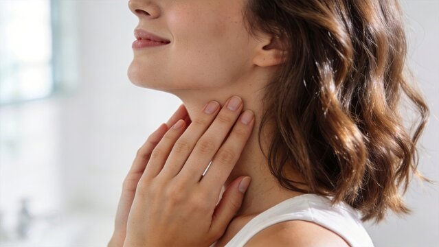 Woman checking her neck for thyroid health, self-examination for symptoms, wellness concept, healthcare awareness, beauty and skin care, human body anatomy.