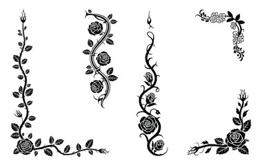 Set of rose floral borders corners and dividers with black vines leaves and thorns vector illustrations on white background © AMELIA