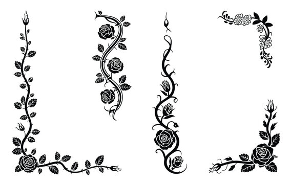 Set of rose floral borders corners and dividers with black vines leaves and thorns vector illustrations on white background