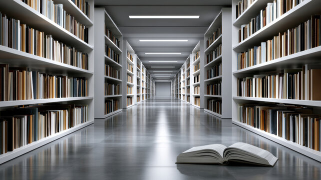 Minimalist library empty aisle bookshelf modern interior clean perspective open book polished floor symmetry education knowledge Minimalist library empty aisle bookshelf modern interior clean