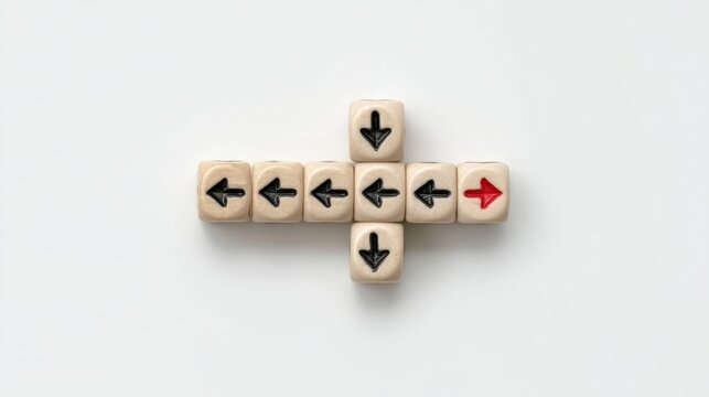 Wooden cubes with black arrow symbols arranged in cross formation with one red arrow pointing right symbolizing direction choice and leadership concept