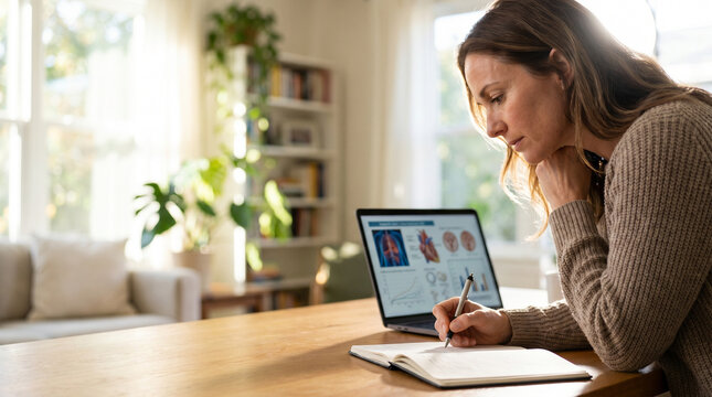 Woman attentively reading a medical website on a laptop in a bright, cozy home office with a notebook, surrounded by plants and warm natural light