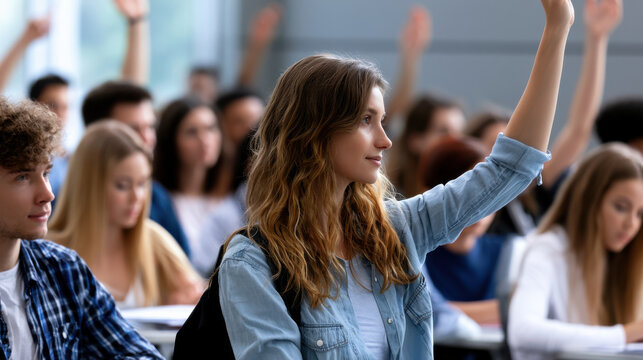 Student classroom education learning lecture university teen girl hand raised college student hand raised classroom during lecture showing active learning focus and engagement modern education