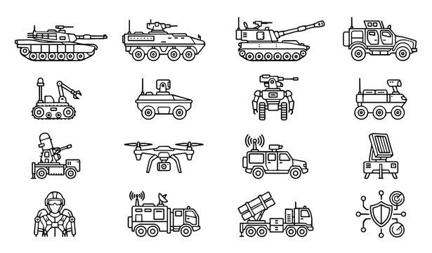 Military Vehicles and Robotic Defense Icon Set: Minimalist Outline and Solid Illustrations for Armored Tanks, Unmanned Ground Vehicles (UGVs), Heavy Artillery, and Tactical Combat Machinery Symbols
