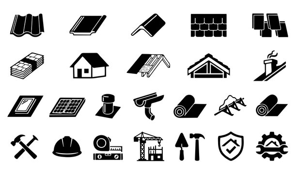 Roof Tile and Roofing Construction Icon Set: Minimalist Outline and Solid Illustrations for Ceramic Shingles, House Tops, Structural Overhangs, and Home Waterproofing Symbols