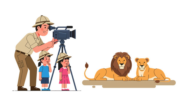 Safari Adventure: A man in safari attire films two children observing a majestic lion and lioness resting on a rocky ledge.