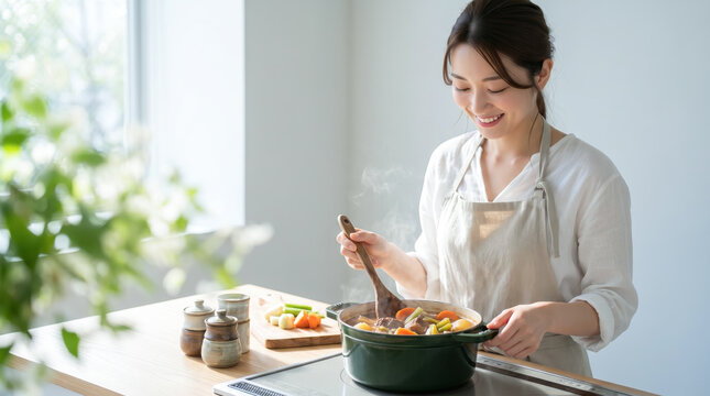 明るいキッチンで笑顔で煮込み料理を作るエプロン姿の若い女性