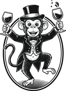 A monkey in a tuxedo and hat holding two wine glasses, standing in a circle