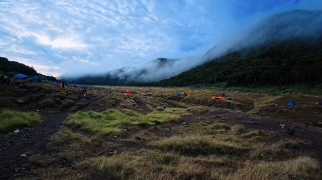 Surya Kencana Meadow at Mount Gede with Camping Tents, Misty Mountains, and Scenic Tropical Highland Landscape