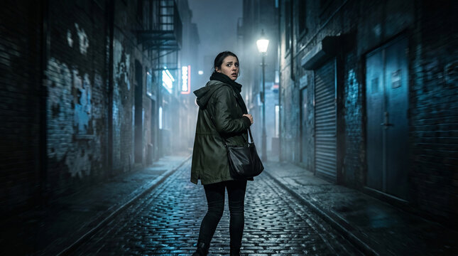 Fearful woman walking alone through a dark dangerous city alley