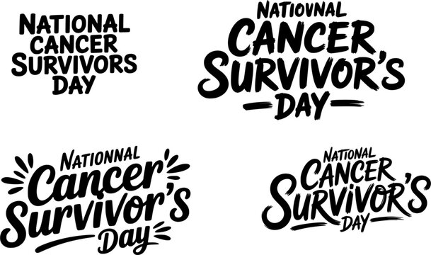 National Cancer Survivors Day typography logo set with four black brush and script lettering variations, perfect for healthcare awareness campaigns, survivor celebrations