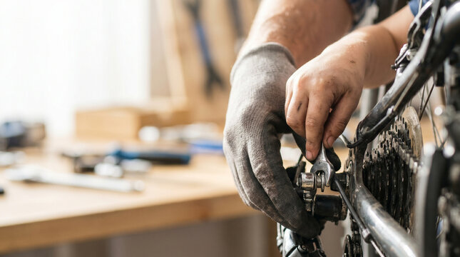 Father and child fixing a bike together in a workshop with tools on a wooden table, warm light, close-up of hands adjusting gears, cozy atmosphere