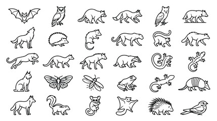 Minimalist nocturnal animal icons, set of 30 linear wildlife vector illustrations, black outline forest creatures and wild animals on white background © Sidra