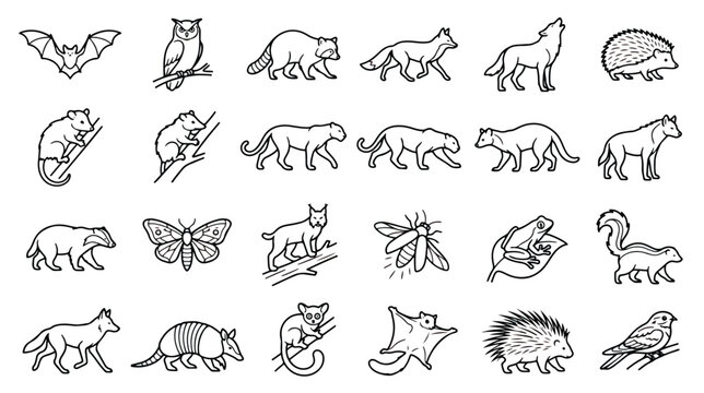 Minimalist nocturnal animals icon set, 24 black line art forest wildlife vectors, modern outline woodland creature illustrations for nature branding