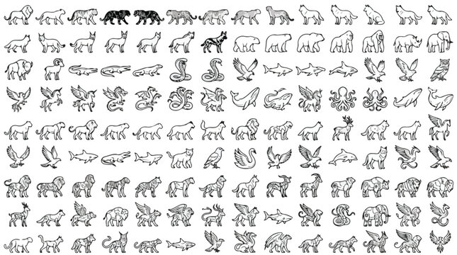 Minimalist animal icons set, black line art wildlife and mythical creature symbols, 112 vector illustrations for logo design and branding
