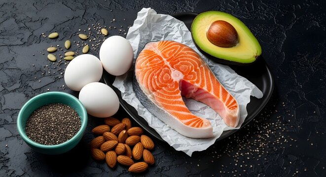 Healthy keto diet ingredients including fresh salmon steak avocado eggs and nuts.