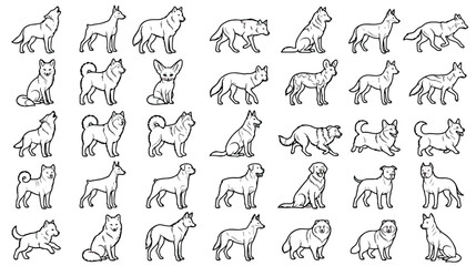 Minimalist dog and wolf line art icons, 35 wild and domestic canine vector illustrations, black and white animal outline set for logos and branding © Sidra