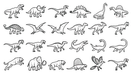 Dinosaur line art icons set, prehistoric animal vector collection, 24 black and white outline dinosaur illustrations for educational coloring © Sidra