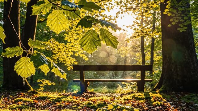 Serene park scene with a wooden bench under sunlight shining through lush green trees and wet leaves