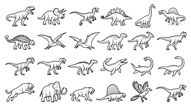Dinosaur line art icons set, prehistoric animal vector collection, 24 black and white outline dinosaur illustrations for educational coloring