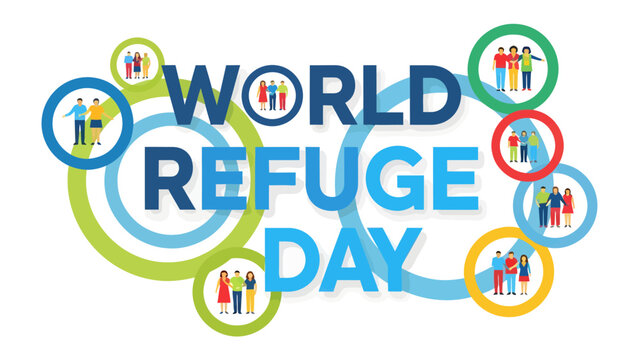 World Refugee Day: A graphic illustration celebrating World Refugee Day, featuring diverse figures within colorful circles and concentric rings.