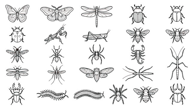 Vintage insect line art collection, set of 25 hand drawn bug icons, black and white entomology illustrations for educational biology and nature design