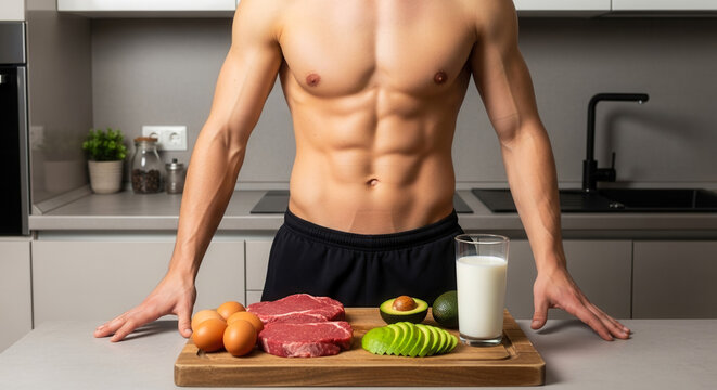 Muscular Caucasian man torso featuring defined abs standing in kitchen near raw steak eggs plus avocado, fitness nutrition and healthy bodybuilding diet