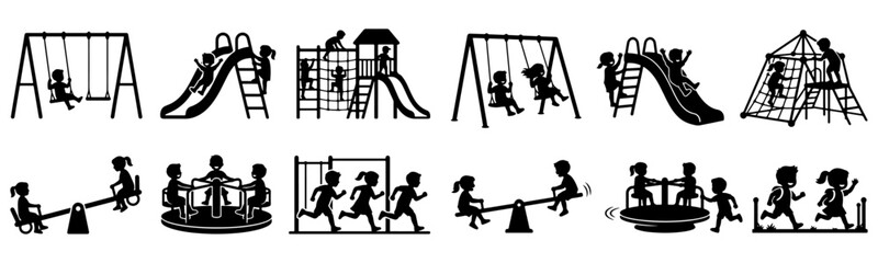 Obraz premium Children kids playground activities and outdoor school games silhouette set, cute children icons playing on swing slide and seesaw at park