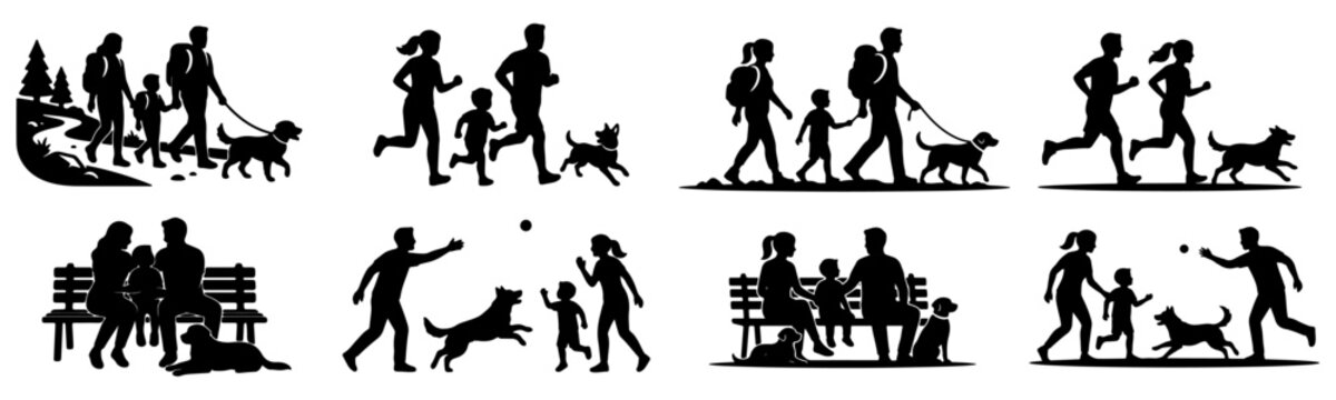 Family with pet dog silhouette collection featuring active people running playing and children jogging hiking in the park, dogs playing with ball