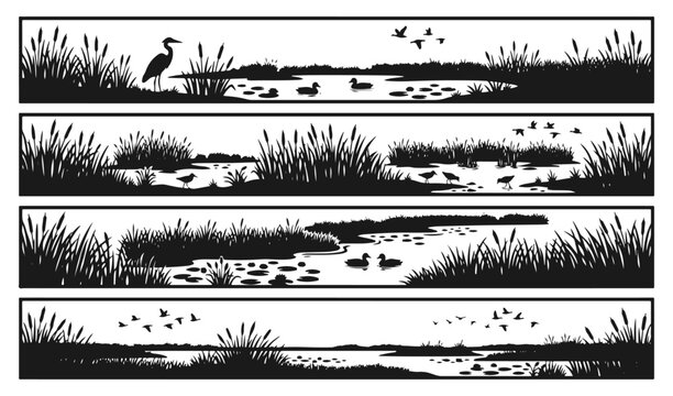 Nature riverbank silhouette vector illustration isolated on white background, tranquil water landscape with birds and reeds scenery design, Wetland plants