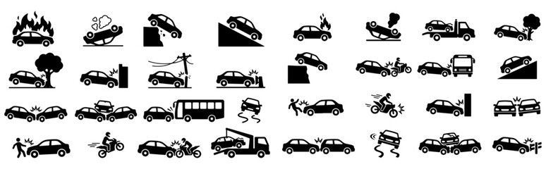 Fototapeta premium Car Accident Vector Icons Set On White Background, Vector Set Car Accident Symbols Collection