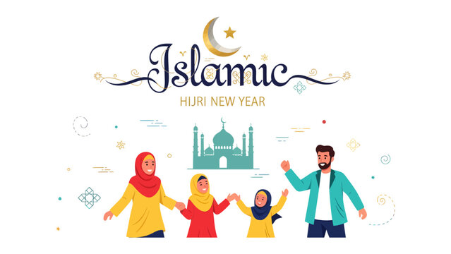 Islamic New Year Celebration: A festive illustration depicts a Muslim family holding hands in front of a mosque, with a crescent moon and star adorning the text Islamic HURI NEW YEAR.