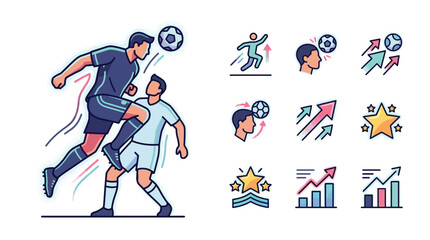 Fototapeta premium Vector illustration of two soccer players in an aerial duel for a header, featuring a set of sports performance icons including growth charts, stars, and skill indicators on white.