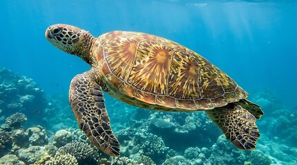 Sea turtle swimming over coral reef © Muhammad