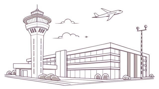 Vector illustration of an airport terminal building with a control tower and a plane flying in the sky
