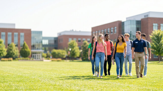 Group of students enjoying an open campus university tour, walking on a sunny day across a green lawn with modern brick buildings in the background